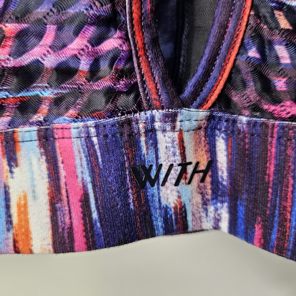 Peloton Sports Bra Size M High Neck Keyhole Back Purple Multicolor Athleisure - Picture 5 of 9